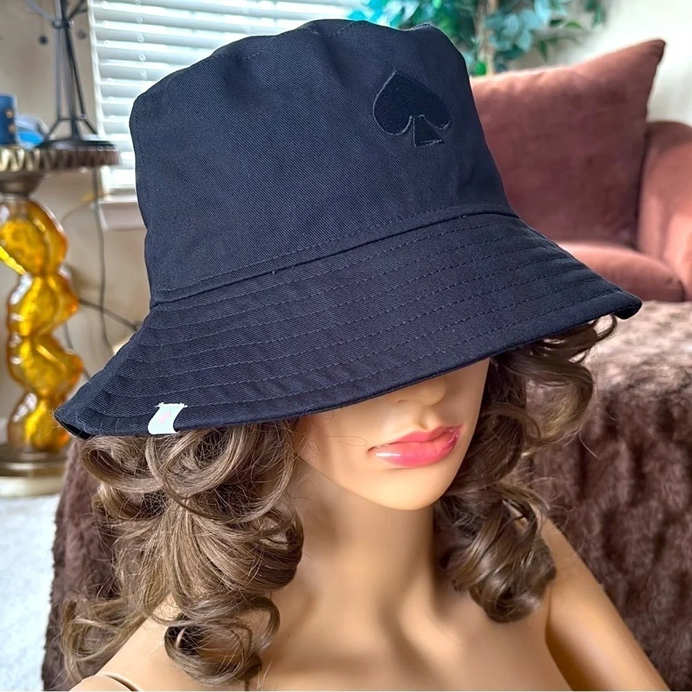 Brand New Kate Spade Black Logo Bucket Hat Pink Lining Classic Preppy